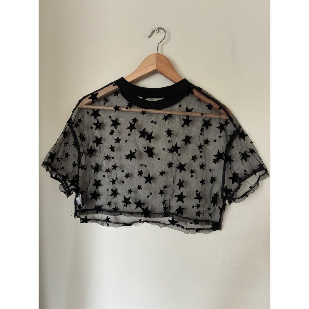 SHEIN Black Grunge Celestial Mesh Star Print Crop Top Sheer Short Sleeve M